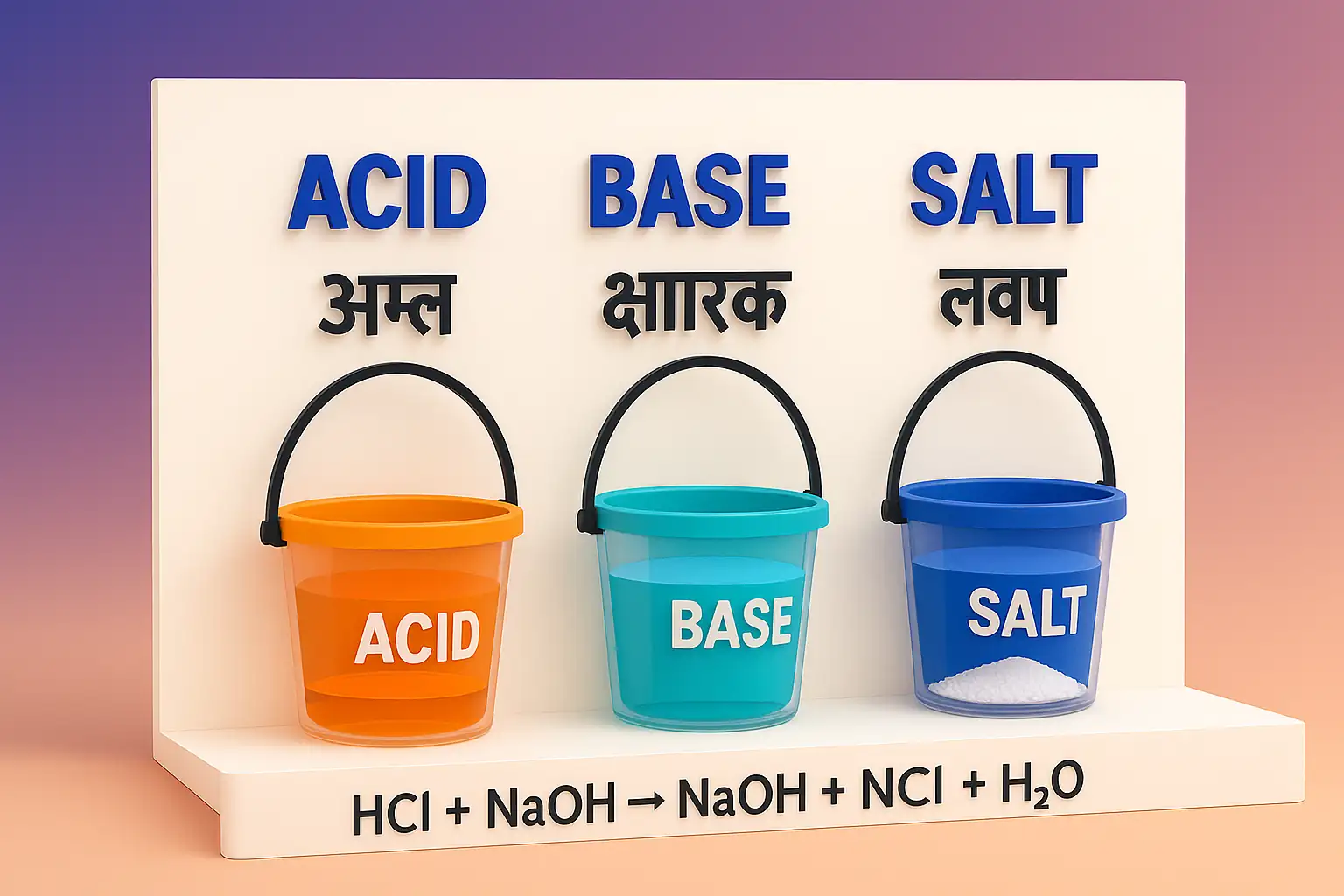 Acid Base and Salt Class 10 diagram showing transparent buckets with neutralization reaction HCl + NaOH → NaCl + H₂O
