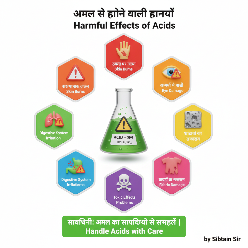 Harmful effects of acids diagram showing skin burns, eye damage, toxic effects, digestive irritation and fabric damage